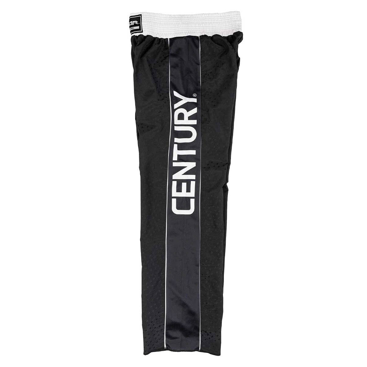 Black track pants with elastic waistband and large vertical CENTURY logo panel on back