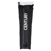 Black track pants with elastic waistband and large vertical CENTURY logo panel on back
