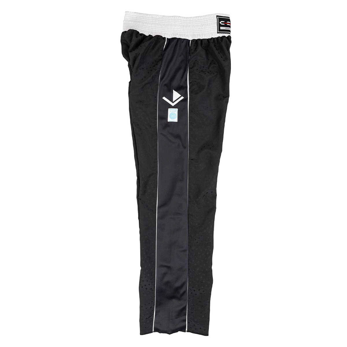 Black track pants with elastic waistband, small square side tag, and narrow vertical seam