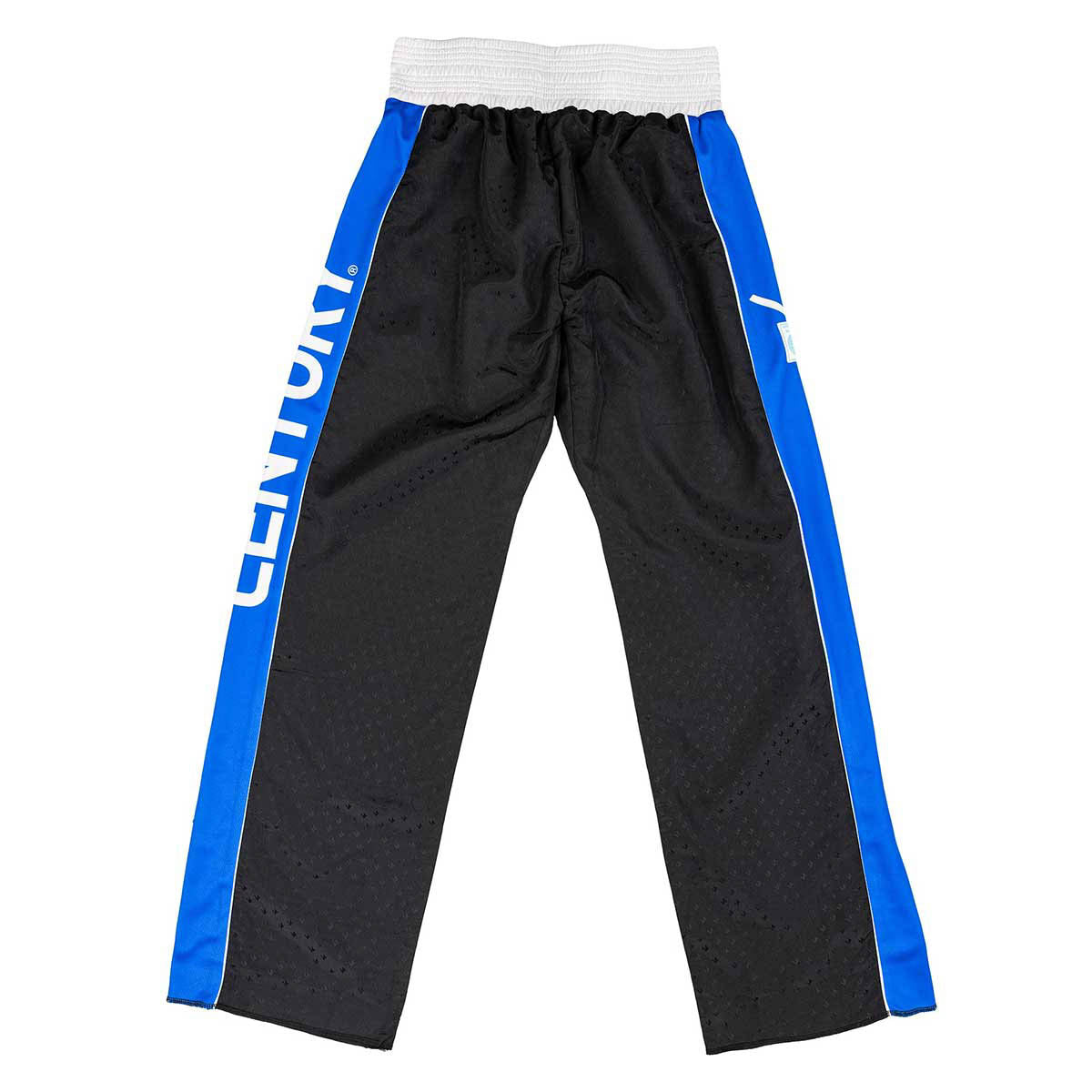 Black jogger pants with blue side stripes and white elastic waistband