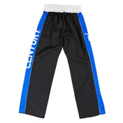 Black jogger pants with blue side stripes and white elastic waistband