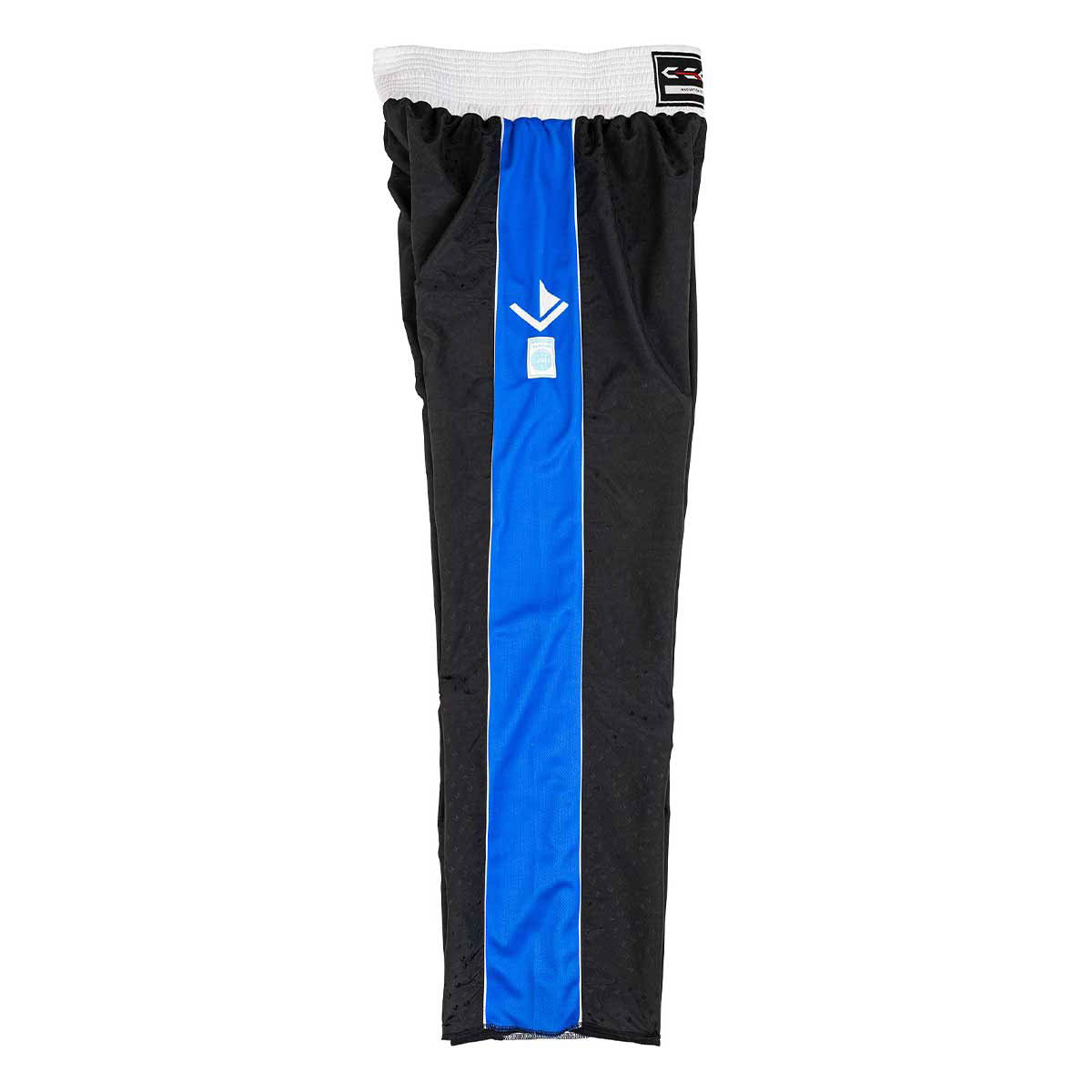 Black pants with blue center stripe and small label patch on waistband