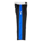 Black pants with blue center stripe and small label patch on waistband