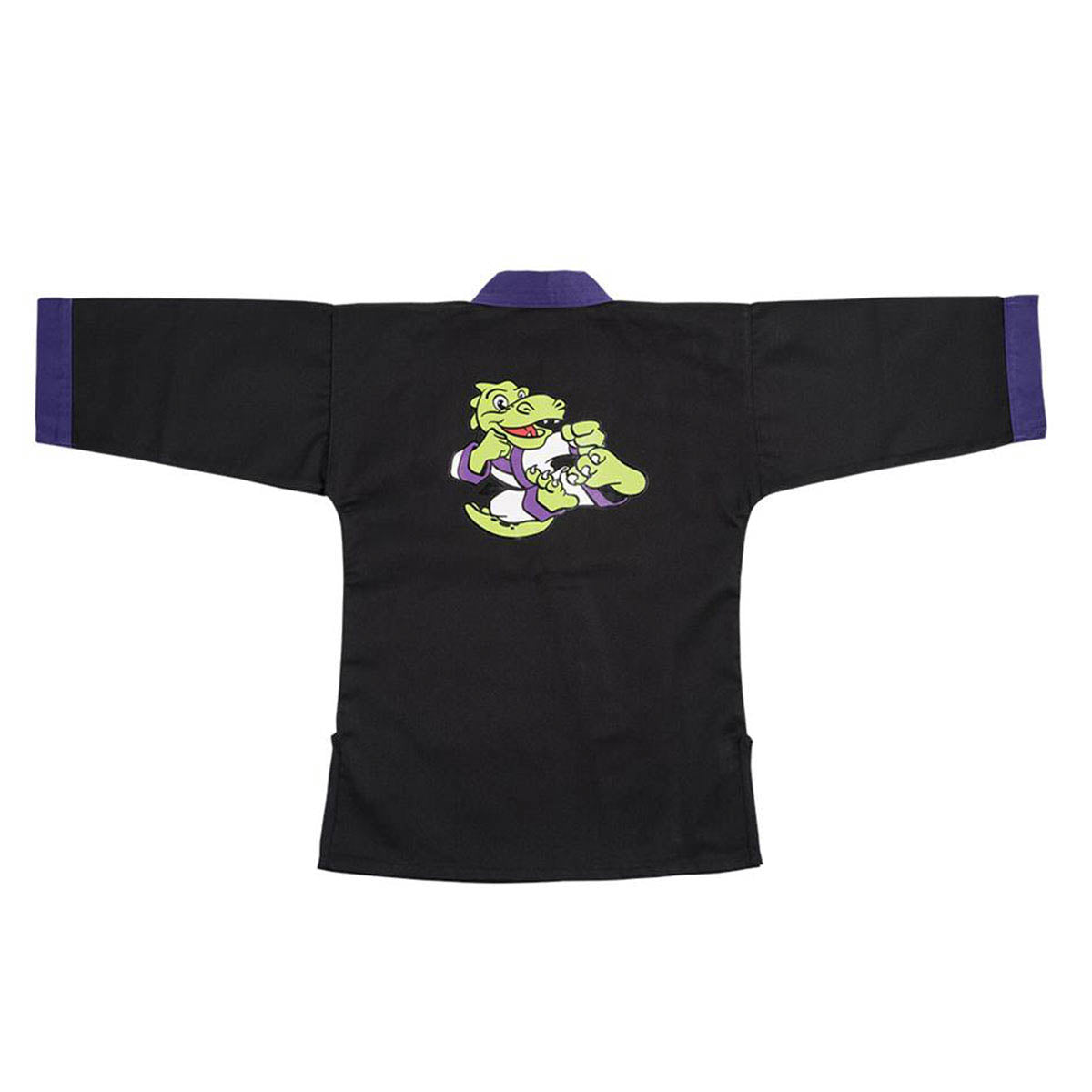 Black martial arts gi top, back graphic with green dragon character and purple trim