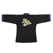 Black martial arts gi top, back graphic with green dragon character and purple trim