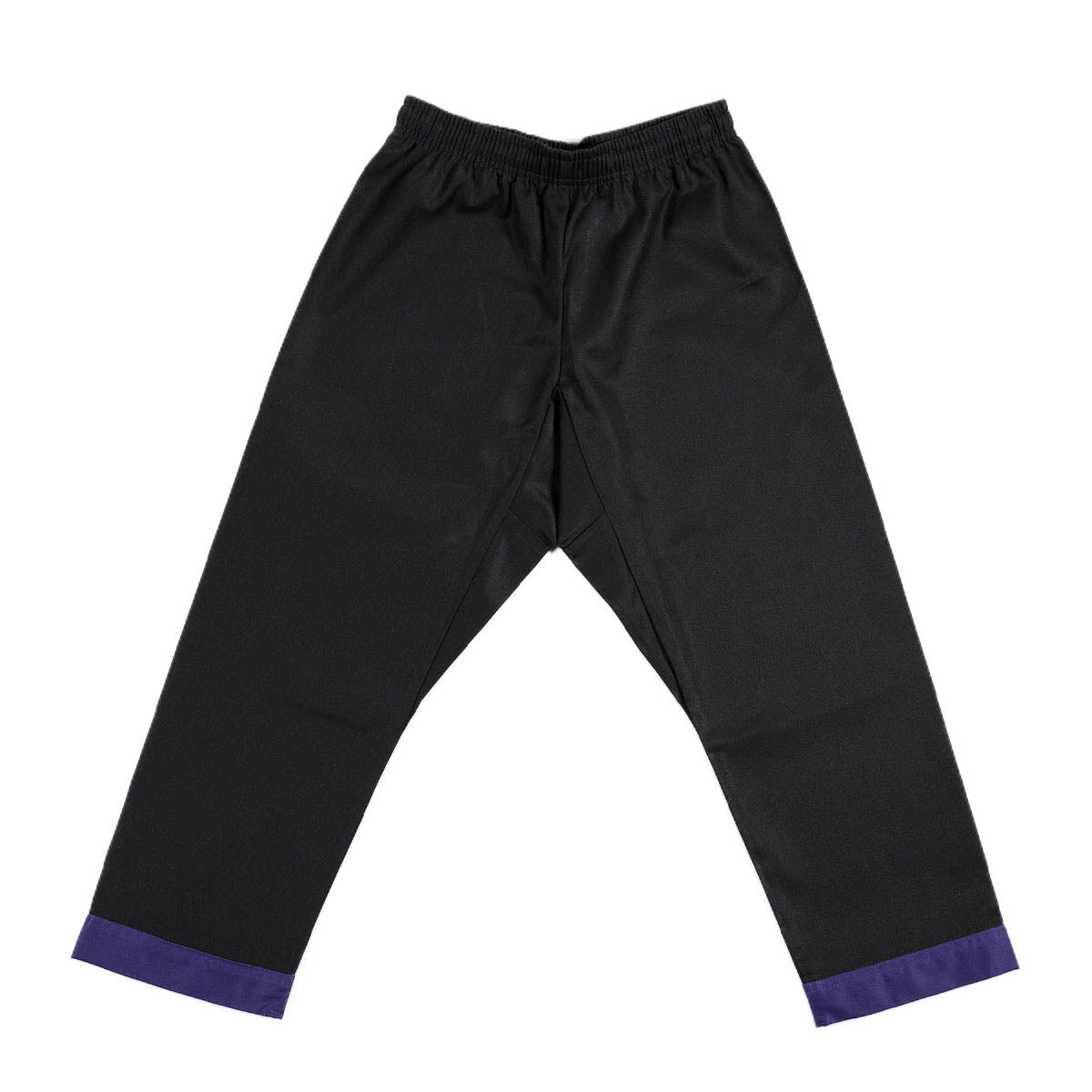 Black martial arts gi pants with purple hem trim and elastic waistband