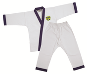 White gi pants with purple cuff trim paired with a purple-trimmed jacket