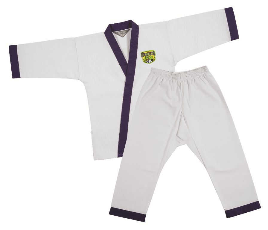 White gi pants with purple cuff trim paired with a purple-trimmed jacket