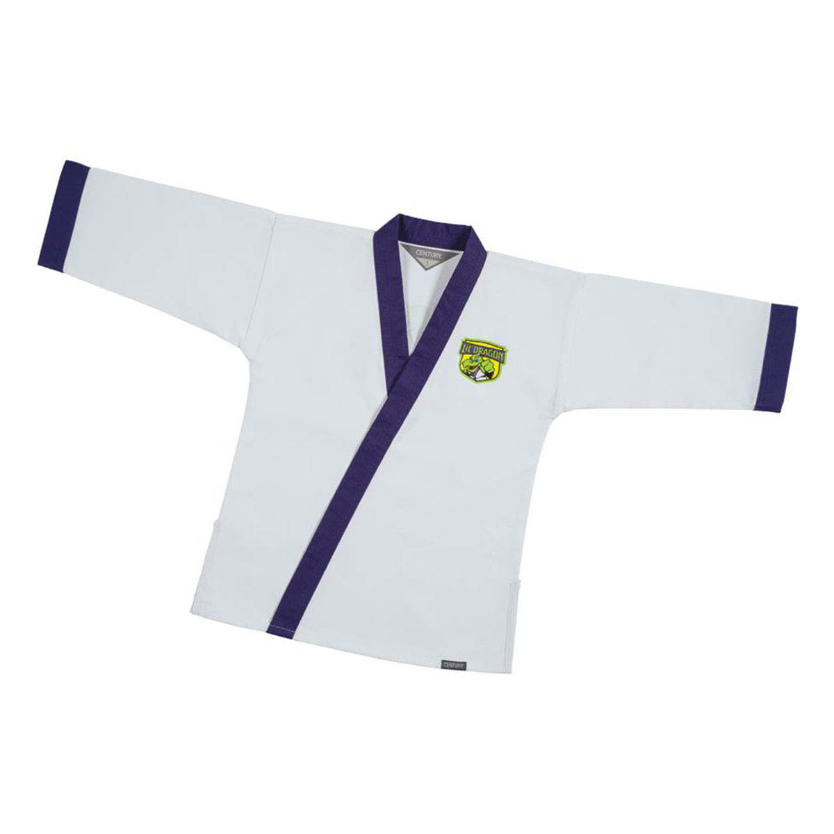 White martial arts gi top with purple trim and dragon school chest emblem