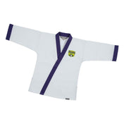 White martial arts gi top with purple trim and dragon school chest emblem