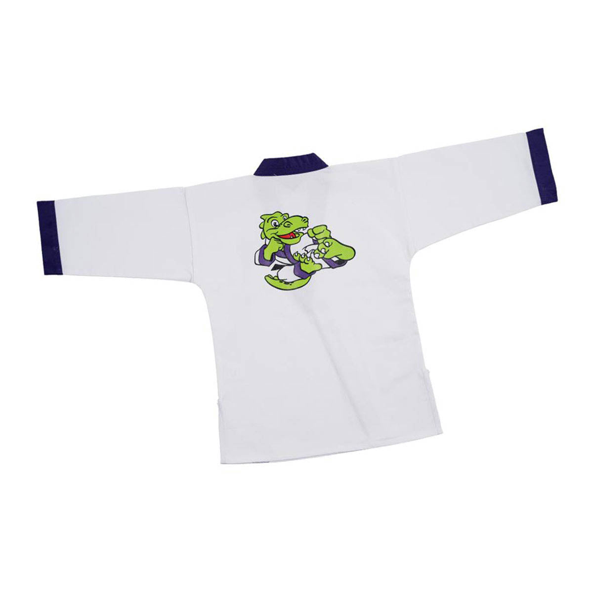 White martial arts gi top, back graphic with green dragon character and purple trim