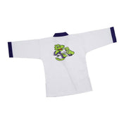 White martial arts gi top, back graphic with green dragon character and purple trim