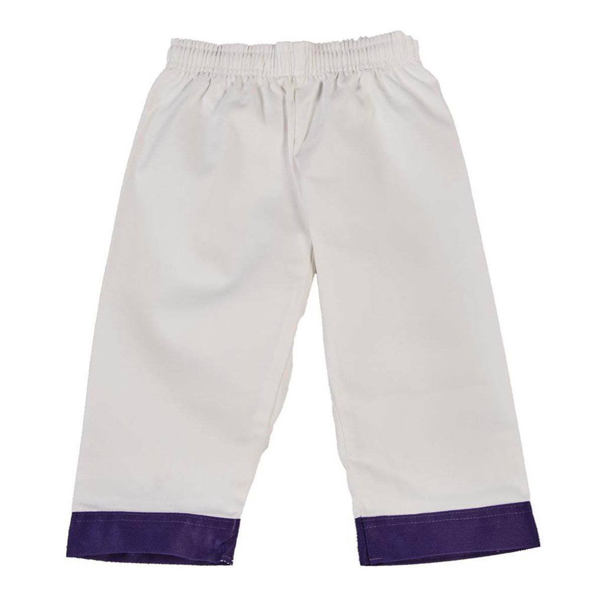 White martial arts gi pants with purple hem trim and elastic waistband