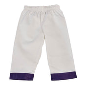 White martial arts gi pants with purple hem trim and elastic waistband