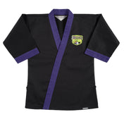 Black martial arts gi top with purple trim and green dragon school chest emblem