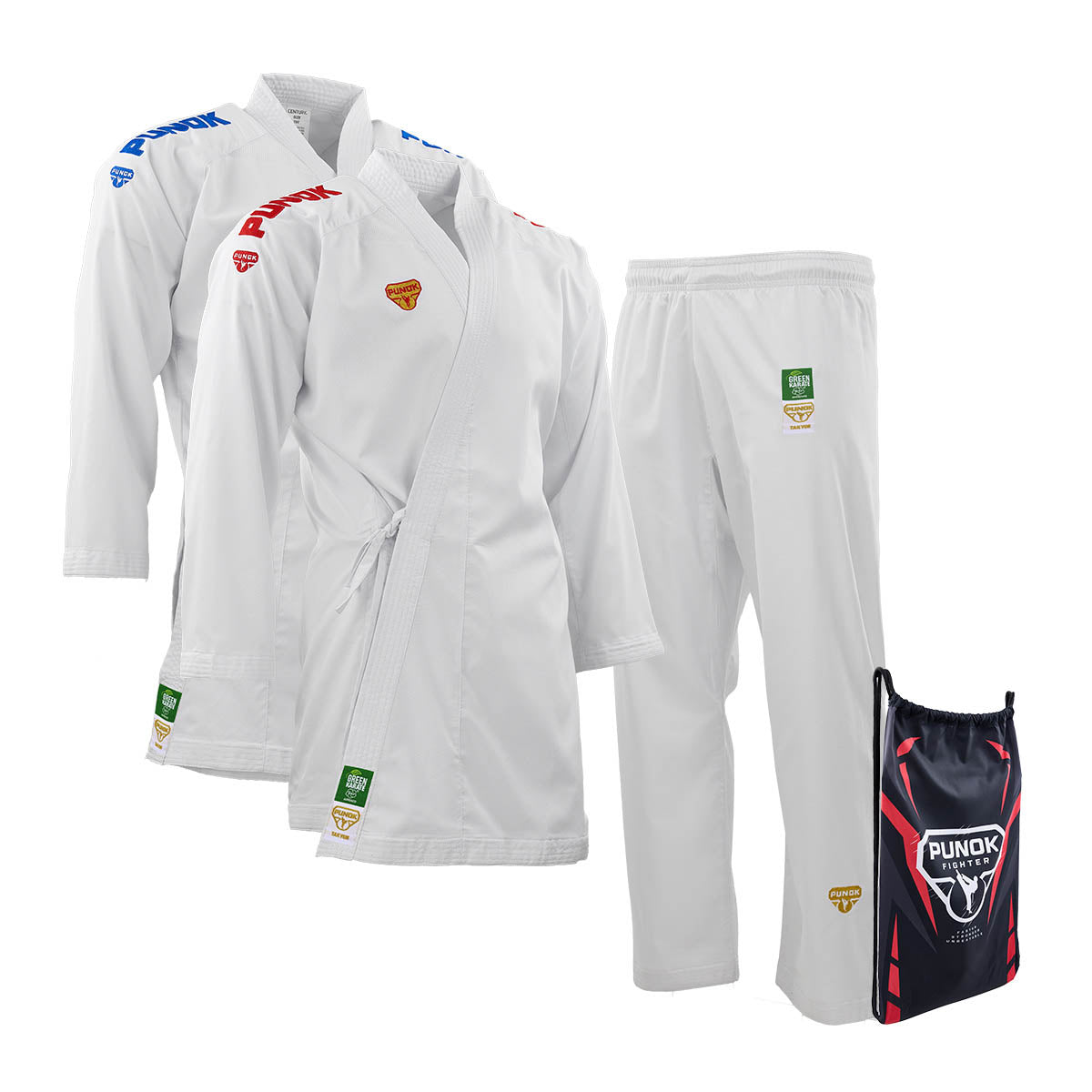 White karate gi set with jacket and pants, featuring patches, with a gear bag.