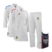 White karate gi set with jacket and pants, featuring patches, with a gear bag.