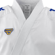 White karate gi lapel close-up with “PUNOK” patch and size label inside collar.