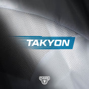TAKYON printed on white karate gi fabric close-up.