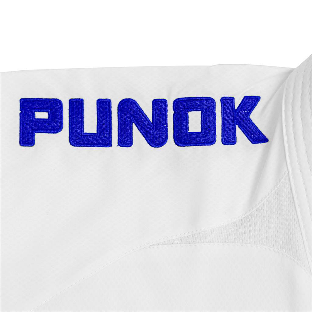 White gi jacket back with large blue Punok lettering
