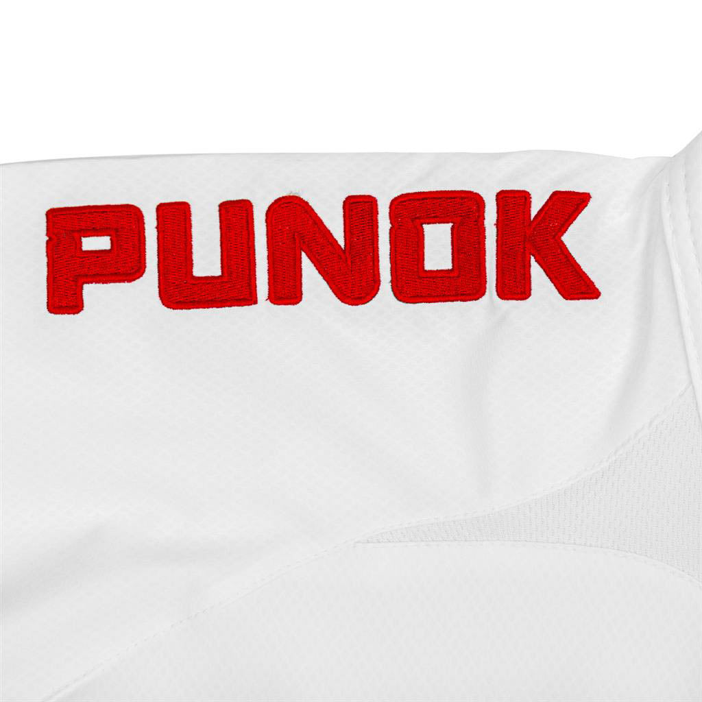 White gi jacket back with large red Punok lettering