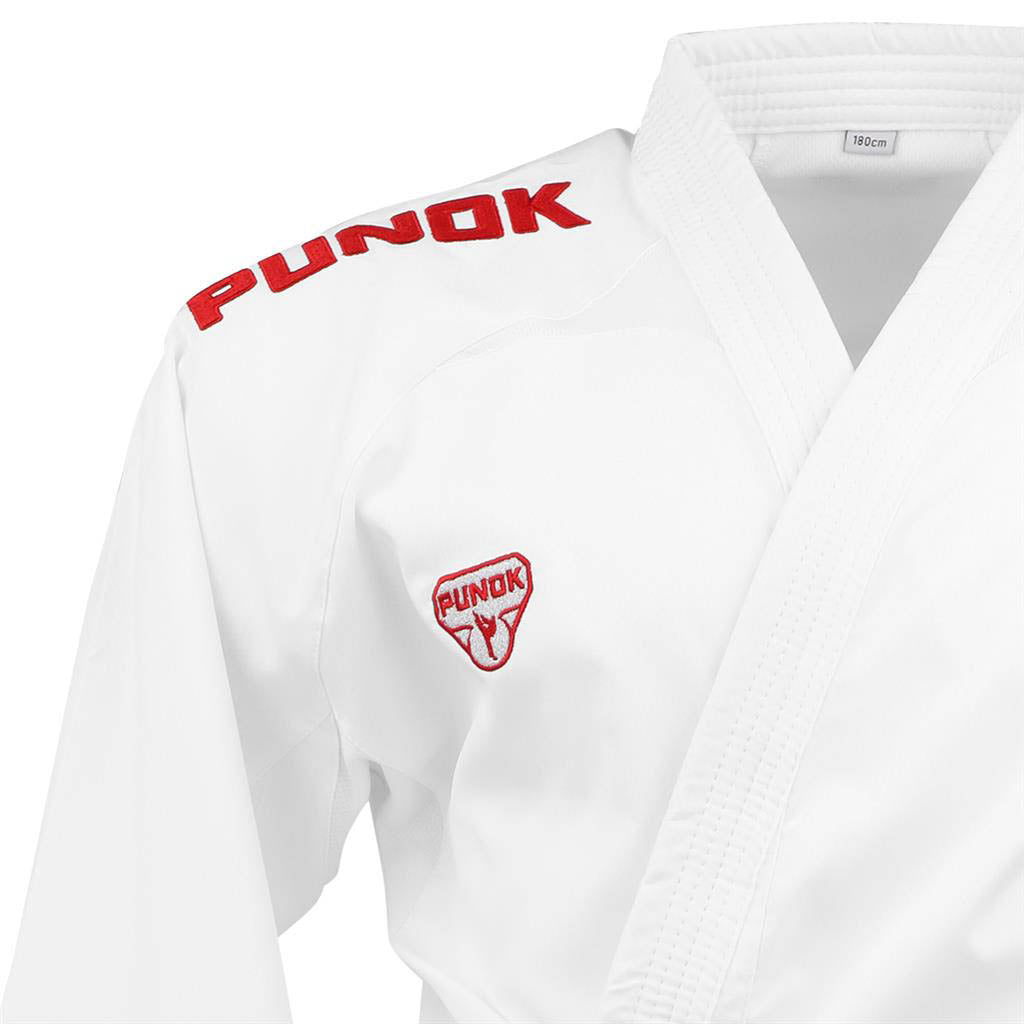 White karate gi jacket with red Punok logo patch on chest