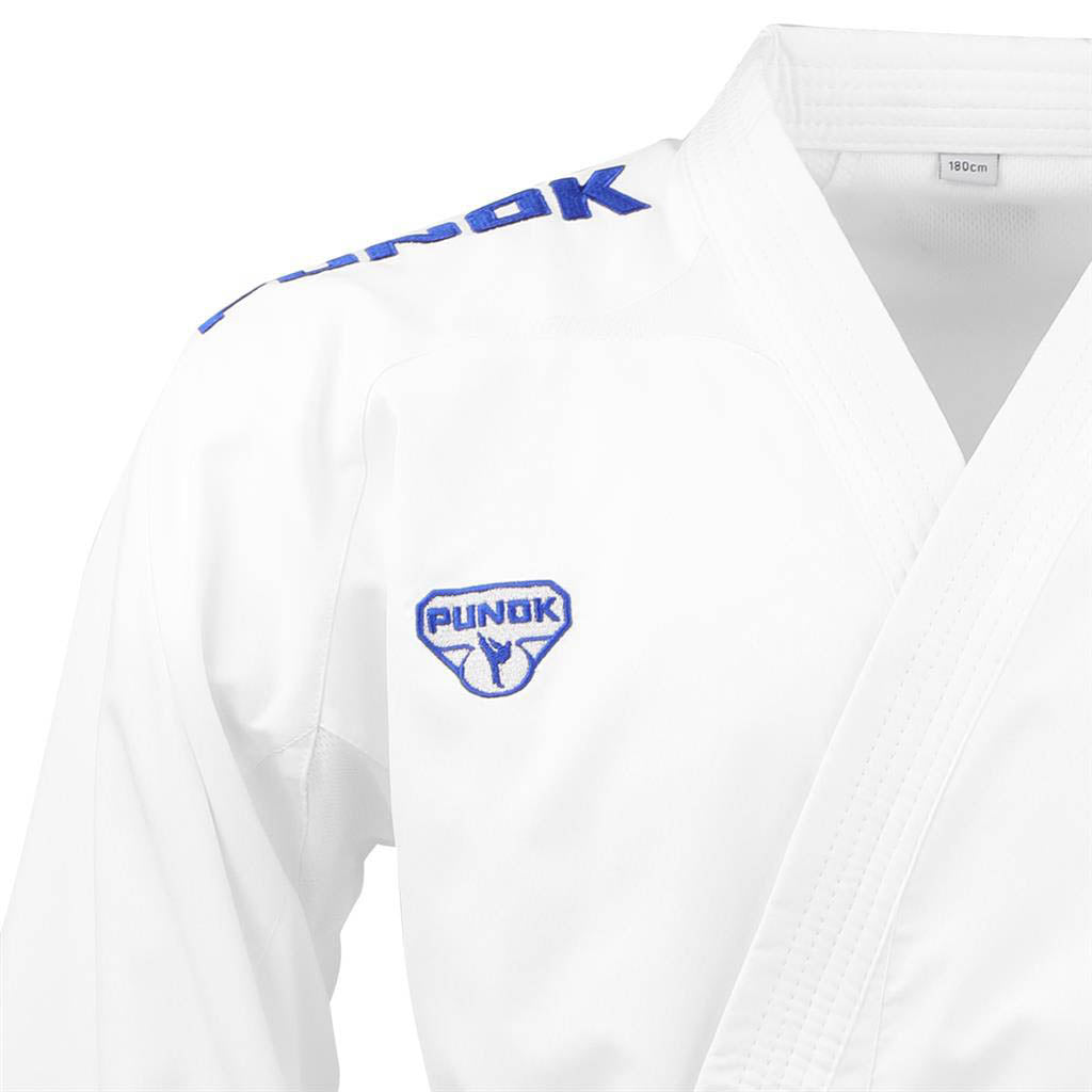 White karate gi jacket with blue Punok logo patch on chest
