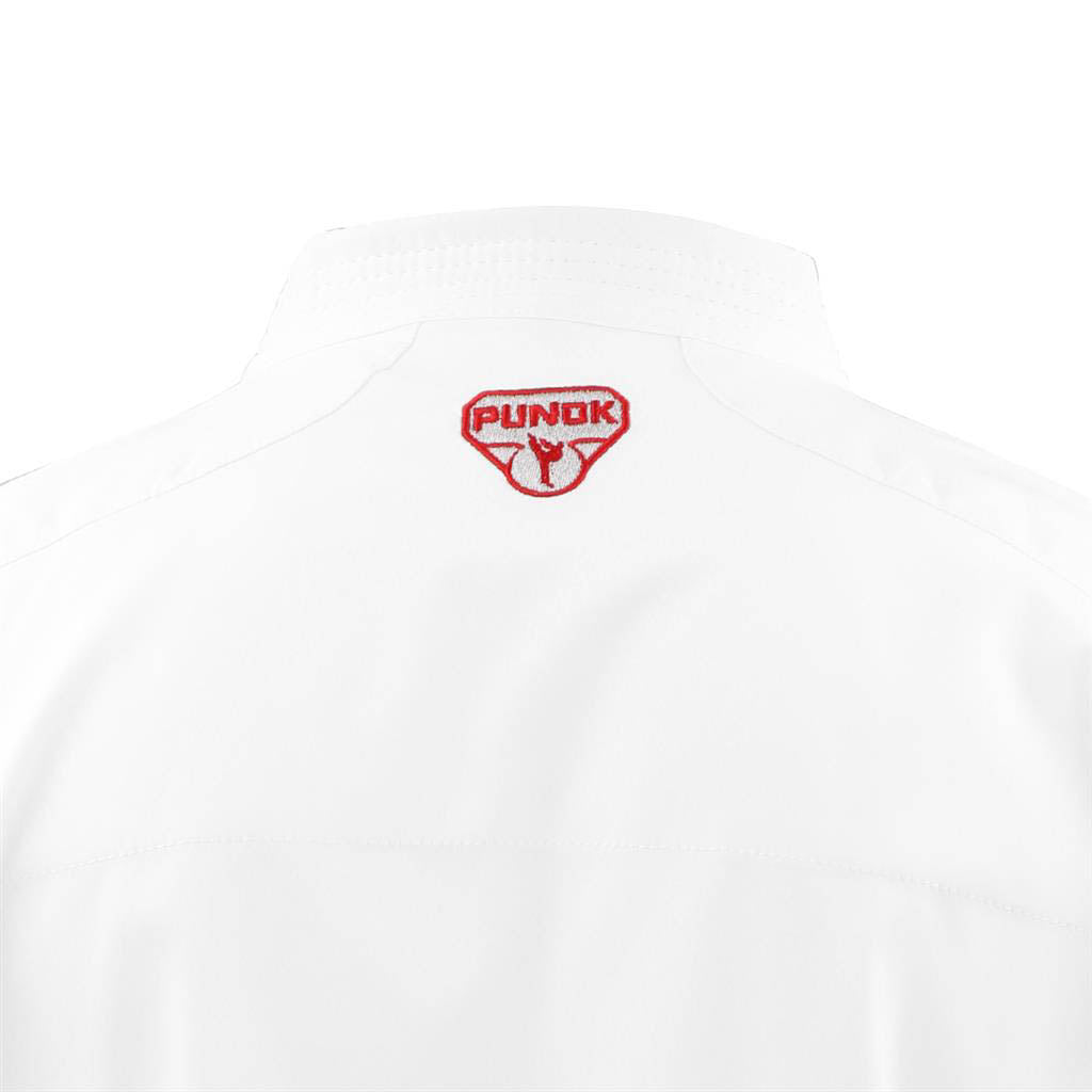 White karate gi jacket back with red Punok logo on upper back