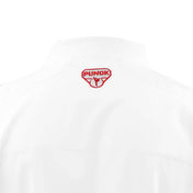 White karate gi jacket back with red Punok logo on upper back