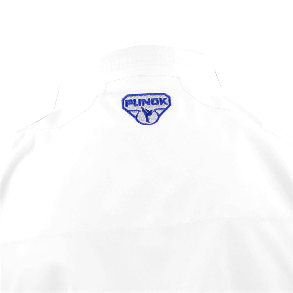 White karate gi jacket back with blue Punok logo on upper back