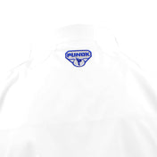 White karate gi jacket back with blue Punok logo on upper back