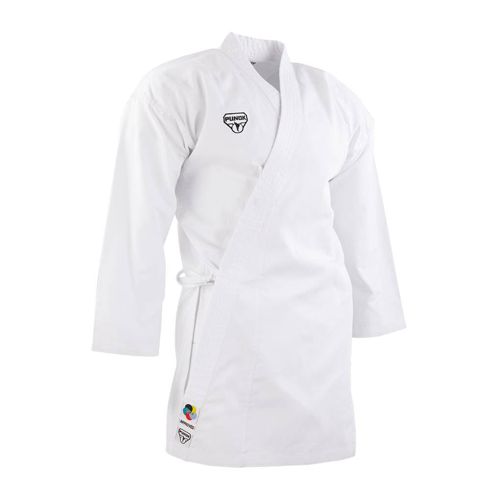 White training uniform jacket with wrap front and embroidered logo patch
