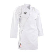 White training uniform jacket with wrap front and embroidered logo patch