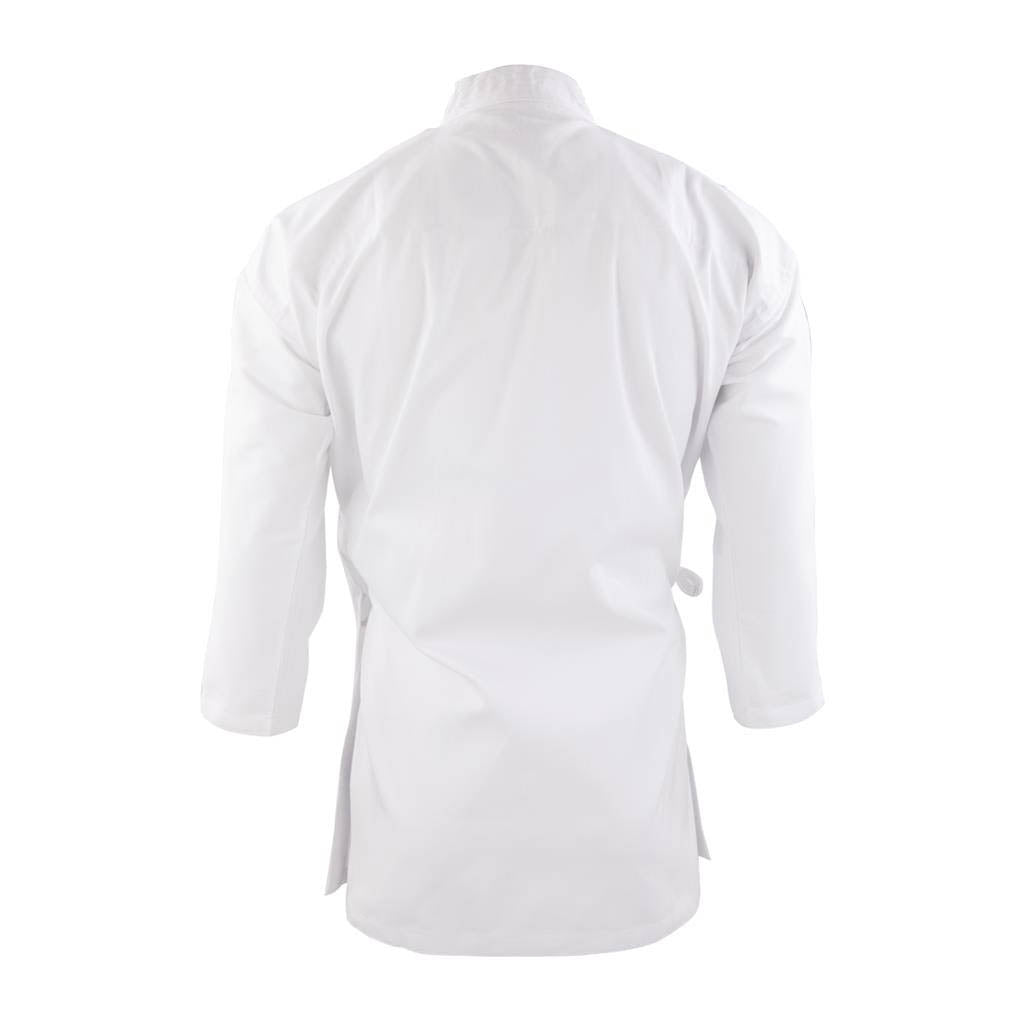 White martial arts uniform jacket, back view with embroidered logo