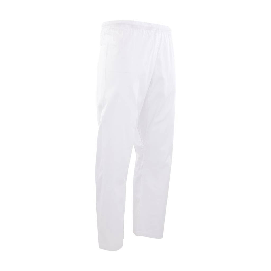 White martial arts uniform pants, loose fit with elastic waistband
