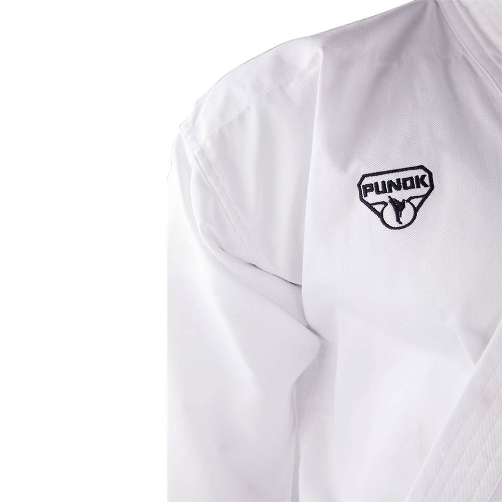 White uniform shoulder and sleeve detail with Punok logo
