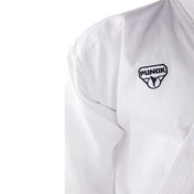 White uniform shoulder and sleeve detail with Punok logo