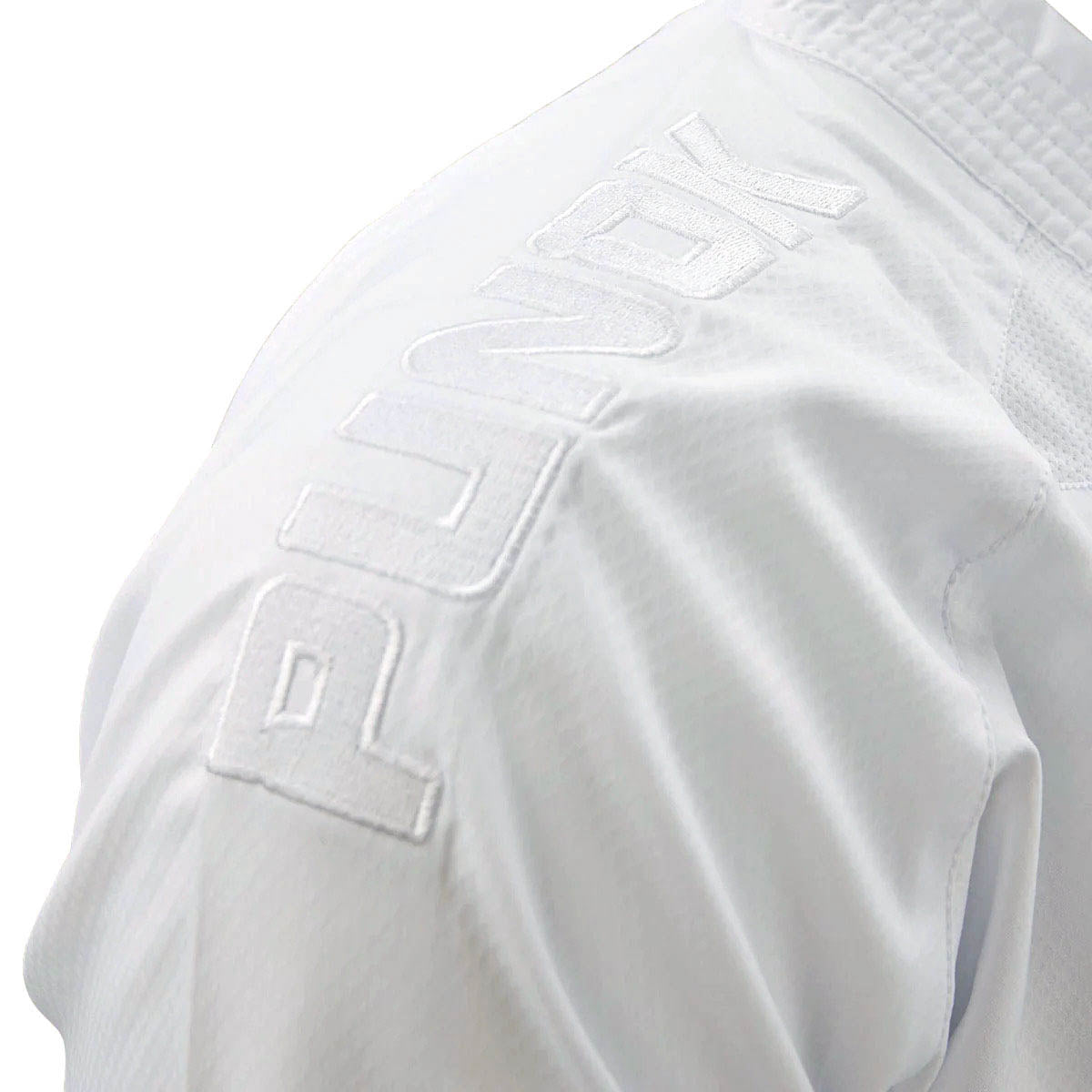 White kumite gi jacket with stitched chest logo panel