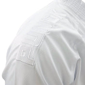 White kumite gi jacket with stitched chest logo panel