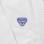 White gi pants with blue embroidered triangular brand patch