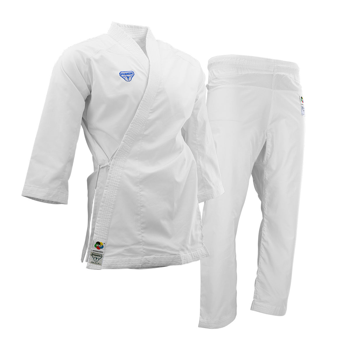 White kumite gi set: jacket and pants with blue chest logo