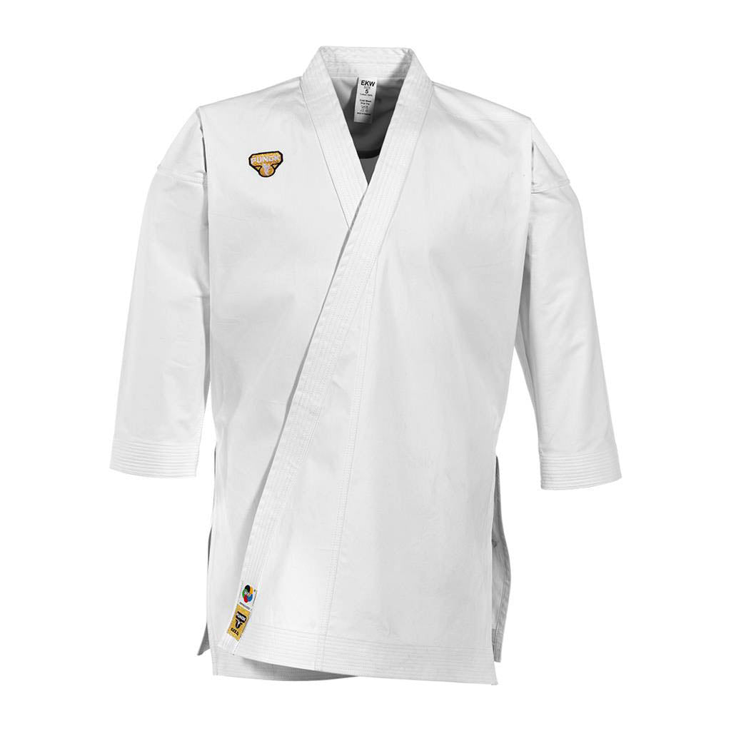 Punok kata uniform gi jacket, white kimono cut with logo patch and black neckline