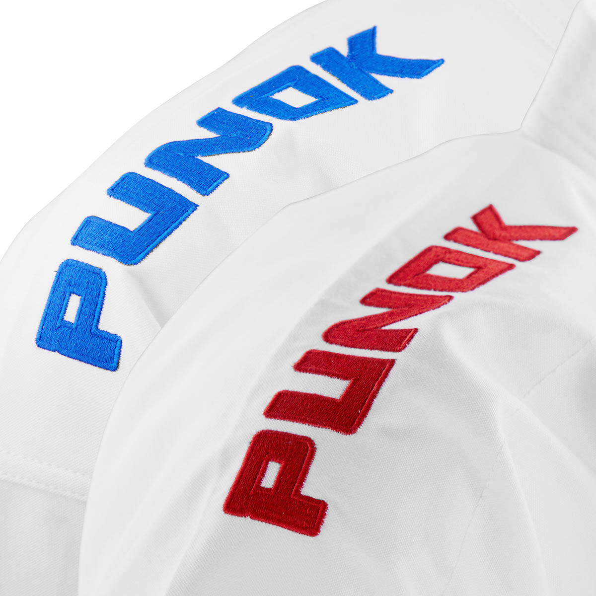 White karate gi with blue and red 'Punok' sleeve lettering