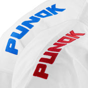 White karate gi with blue and red 'Punok' sleeve lettering