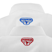 White martial arts top back with blue Punok logo patch