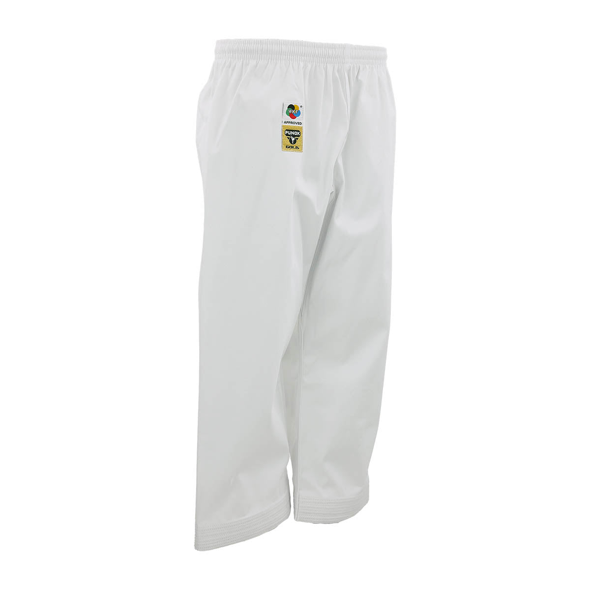 White martial arts pants with small logo patch