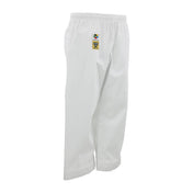 White martial arts pants with small logo patch