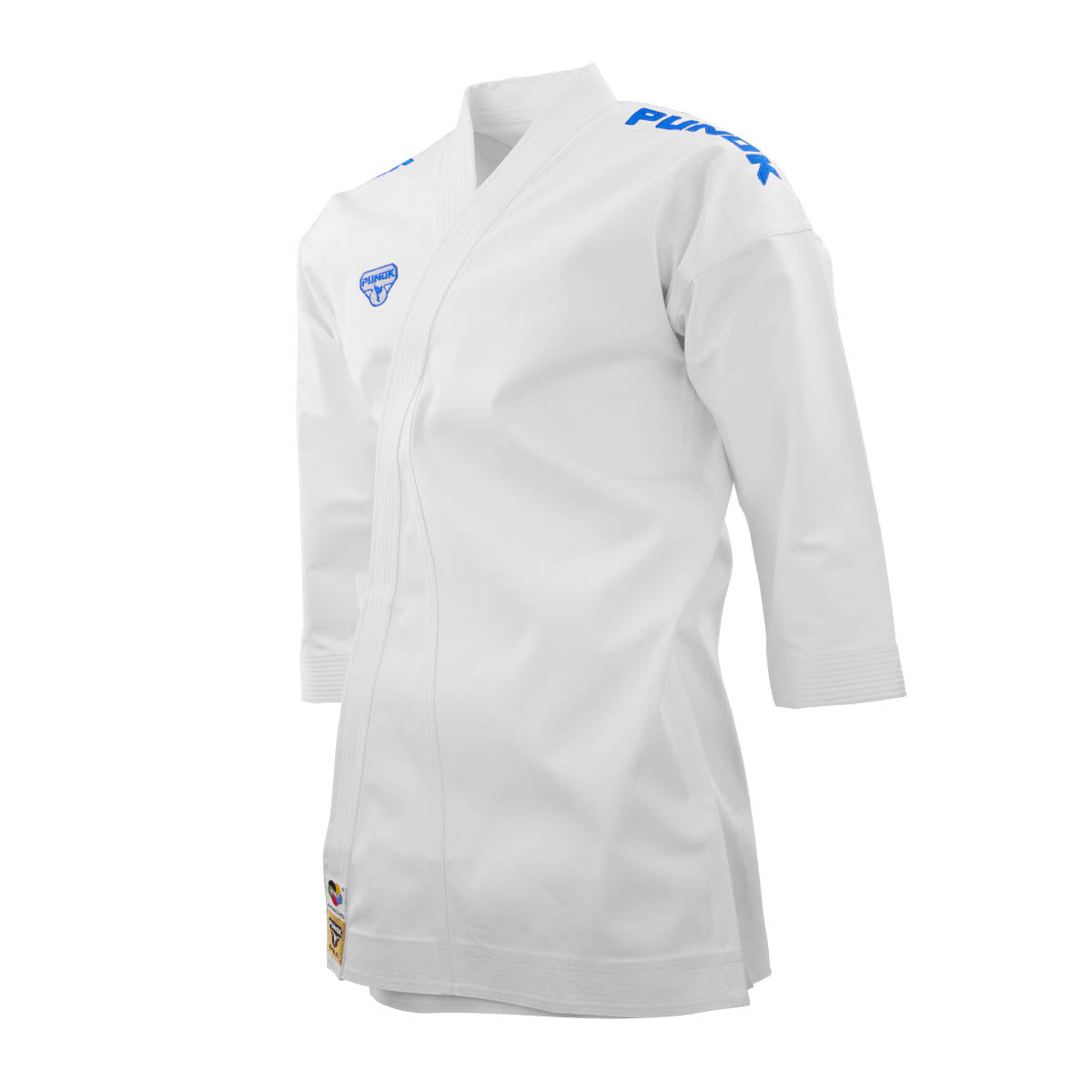 White martial arts top with blue Punok logo patch