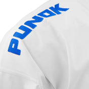White martial arts top sleeve with blue printed logo