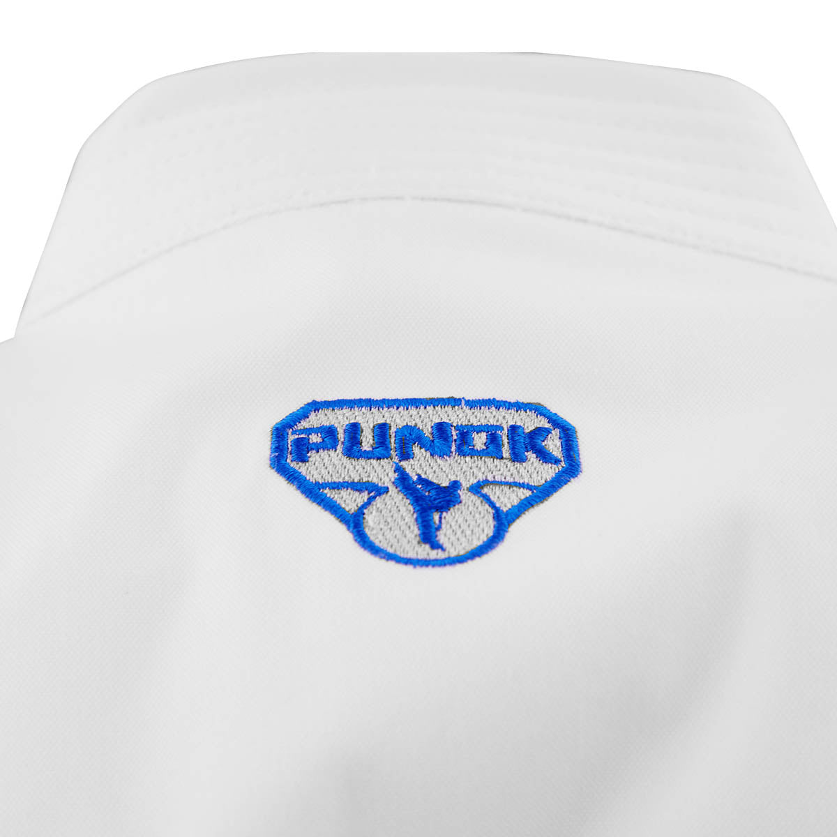 White martial arts top back with blue Punok logo embroidery